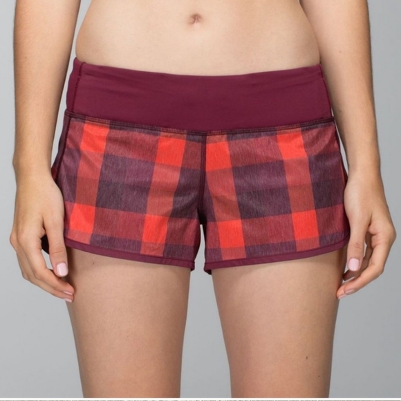 LULULEMON Yama Check Flaming Tomato Rust Berry Print Run Speed Shorts Size 2 - Picture 2 of 5